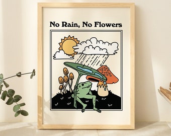 Retro Frog Wall Print, Vintage Mushroom Illustration, A3 A4 A2 Prints, Emerald Green Poster, Positive Quote Wall Decor, Baby Pink, UNFRAMED