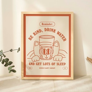 Impresión retro de agua de gato, cita de Be Kind Drink Water, póster de cuidado personal, impresiones de afirmación, carteles de estilo vintage de los años 70, naranja quemado, SIN MARCO