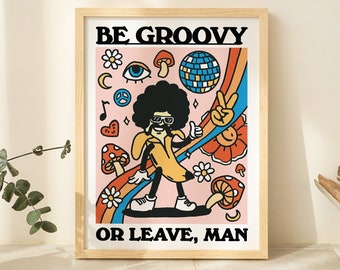 GERN Groovy Bananendruck, Buntes Hippie Poster, Retro Ästhetische gerahmte Poster, Psychedelische gerahmte Kunstdruck, Holz oder Aluminium Rahmen