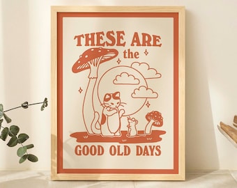 Cat and Mouse Mushroom Print, Good Old Days Print, Retro Orange Green Poster, Cute Kids Classroom Poster, Cottagecore Office Decor, UNFRAMED