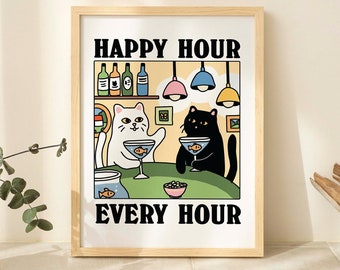 Cat Martini Print, Handmade Posters, Hostess Gifts, Martini Print, Cocktail Print, Bar Kitchen Dining Decor, Cosy Eclectic Print, UNFRAMED