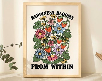 Retro WildFlower poster, Botanical Print, Flower Market poster, Flowers print, Happy Quote Wall art, Colorful Large Poster Prints, UNFRAMED