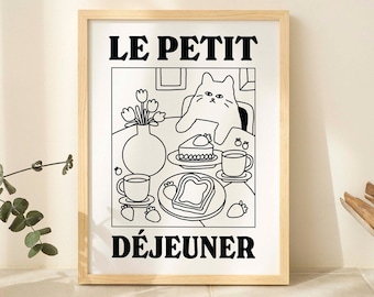 French Cafe Cat Print, Retro Drink Poster, Bistro Coffee Cake Posters, Le Petit Dejeuner Breakfast, Kitchen Decor, Unique Posters, UNFRAMED