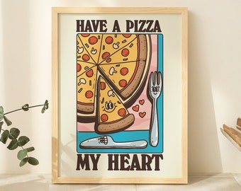 May include: A framed print with a colourful illustration of a pizza with the text "HAVE A PIZZA MY HEART".
