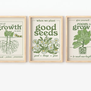 SET OF 3 Botanical Print Set, Large Retro Herb Prints, Vintage style Wall Art, Sage Green Flower Prints, Gallery Wall Set, UNFRAMED