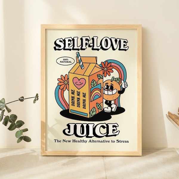 Retro Self Love Juice Print, Vintage Colorful Illustration, Cute Dorm Room Prints, Large Trendy Poster, Groovy 80s, Positive Quote, UNFRAMED