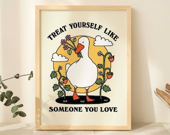 Strawberry Goose Wall Print, Cottagecore Farmhouse Quote, Retro Illustration, Self love ClassRoom Nursery Kids Poster Prints, UNFRAMED
