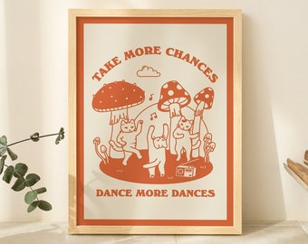 Retro Dancing Cats Wall Print, Vintage Cat Illustration, Trendy Posters, Cute Mushroom Prints, Positive Poster Green Orange Pink UNFRAMED