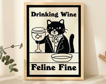 Impression chat distingué, affiche rétro avec alcool et boisson au vin, affiches de lait de chat, impressions fines félins buvant du vin, déco bar de cuisine, sans cadre