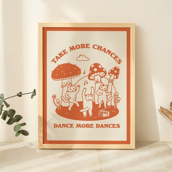 Retro Dancing Cats Wall Print, Vintage Cat Illustration, Trendy Posters, Cute Mushroom Prints, Positive Poster Green Orange Pink UNFRAMED