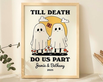 CUSTOM Romantic Ghosts Print, Personalized Wedding Illustration, Anniversary Engagement Valentines Gift, Til death do us part Quote UNFRAMED