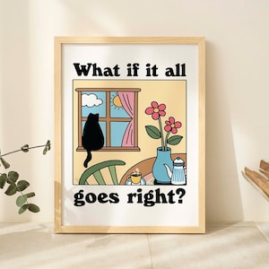 Colorful Cat Print, What if it all goes right Quote Poster, Chat Noir Print, Retro Cat Poster, Bistro Coffee Posters, Eclectic Art, UNFRAMED