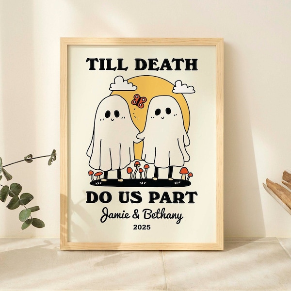 CUSTOM Romantic Ghosts Print, Personalized Wedding Illustration, Anniversary Engagement Valentines Gift, Til death do us part Quote UNFRAMED