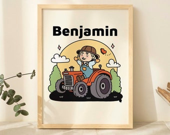 CUSTOM Boys on tractor Print, Personalized Boy Name Print, Little Boys Room Decor, Nursery Wall Prints, Cute Adorable Kids Prints, UNFRAMED