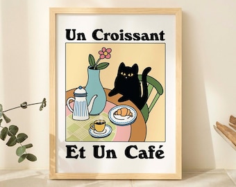 Stampa gatto croissant caffè francese, poster di bevande retrò, poster di caffè bistrot, Un Cafe Sil Vous Plait, arredamento da cucina, poster unici, SENZA CORNICE