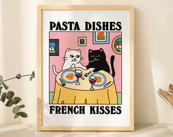Pasta Dishes French Kisses Cat Print, Romantic Diner Poster, Bistro Dining Pasta Posters, Italian Kitchen Prints Decor, Unique Art, UNFRAMED