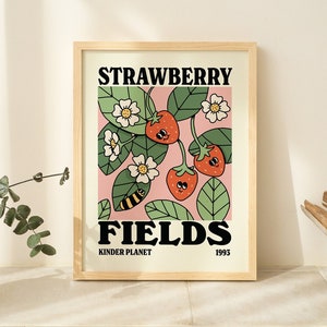 Retro Strawberry Fields Poster, Cute Flower Market Print, Trendy Office Decor, Digital Download Poster, Eclectic art, Downloadable Print