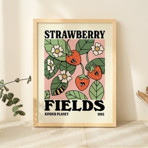Retro Strawberry Fields Poster, Cute Flower Market Print