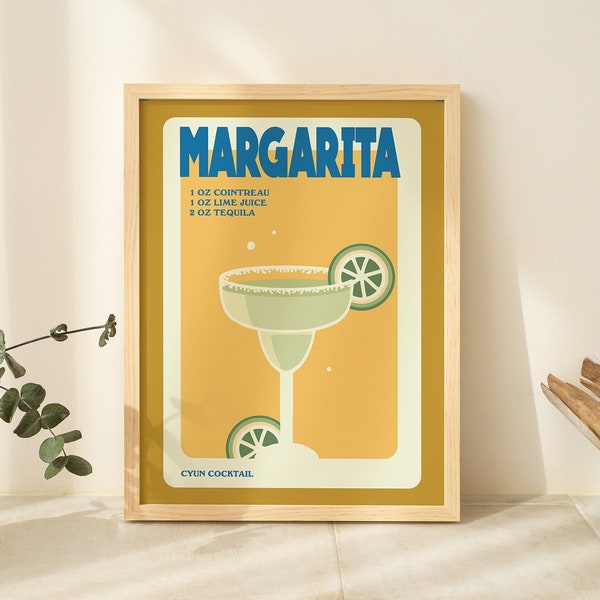 Retro Margarita poster, Minimalist alcohol Print, Kitchen Bar Decor, Signature Cocktail Aesthetic Print, Cocktail Recipe Card, UNFRAMED