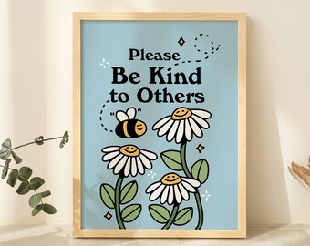 Cute Flowers Poster Print, Vintage Blue Illustration, Bee and Plants Positivity Prints, Be kind Wall decor, Retro 80s Aesthetic, UNFRAMED