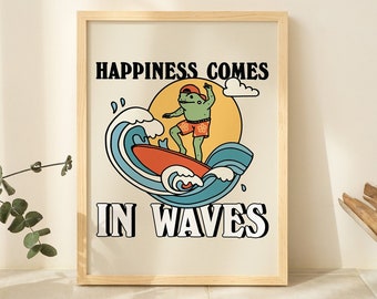 Surfing Frog Wall Print, Retro Happiness Quote, Cute Frog Surf Print, Nautical Ocean Illustration, Self Care Art, Bathroom Prints, UNFRAMED