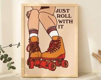 Retro 80s Wall Print, Groovy 70s Wall Decor, A2 A3 A4 Roller Skates Illustration, Trendy Poster Print, Red Artwork, Positive Quote, UNFRAMED