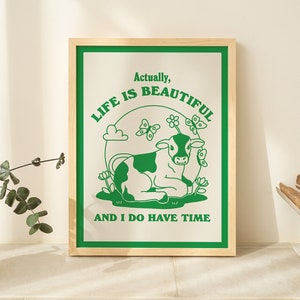 Cute Cow Quote Print, Chill Quote, Retro Style Illustration, Cottagecore Farm Animal Kids Poster, Burnt Orange Green Decor Prints, UNFRAMED