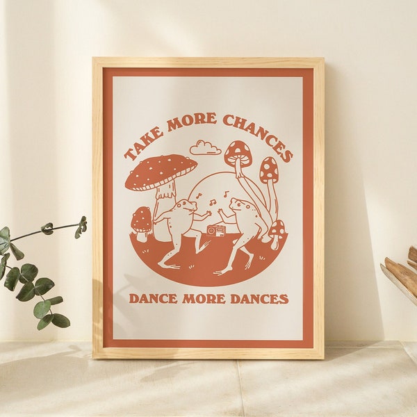 FRAMED Dancing Frog Wall Print, Rustic Prints, Vintage Mushroom Illustration, Burnt Orange Poster, White, Black Natural Wooden Metal Frame