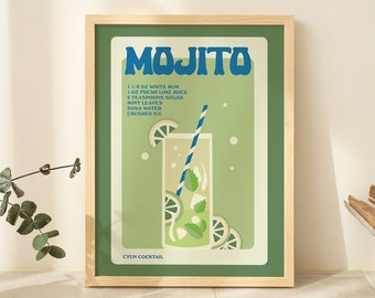 Puede incluir: Un póster enmarcado verde y blanco con la palabra "Mojito" en letras azules. El póster presenta una ilustración verde y blanca de un cóctel mojito con una pajita y rodajas de lima. El texto debajo de la ilustración dice "CUBA COCKTAIL" y enumera los ingredientes de un mojito.
