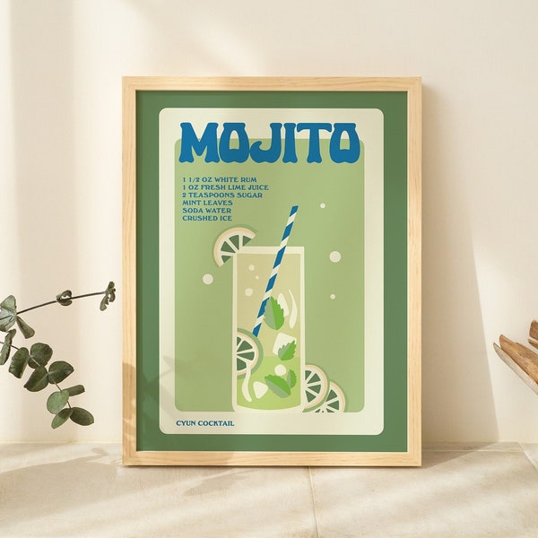 Retro Alcohol poster, Minimalist Mojito Print, Kitchen Bar Decor, Green Cocktail Poster, Aesthetic Print, Cocktail recipe card, UNFRAMED