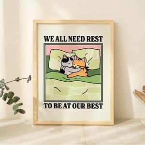 Retro Katzen Wanddruck, Gemütliches Schlafzimmer Poster, Vintage Katzen Illustration, Positives Zitat Poster Drucke, Salbei Grüne Poster, Rest Zitate UNGERAHMT