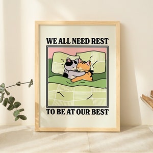 Impression murale de chat rétro, affiche de chambre confortable, illustration de chats vintage, impressions d’affiches de citation positive, affiches vert sauge, citations de repos SANS CADRE