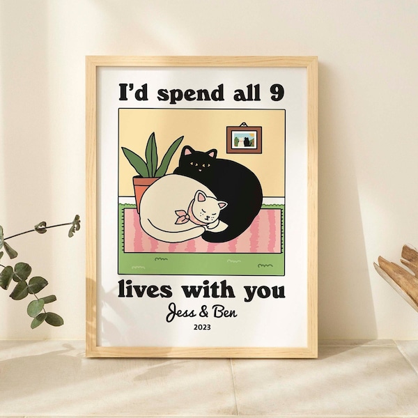 Stampa di coppia PERSONALIZZATA, Illustrazione personalizzata di gatto, Idea regalo di San Valentino per l'anniversario di fidanzamento, Decorazione murale carina, Gatti estetici, SENZA CORNICE