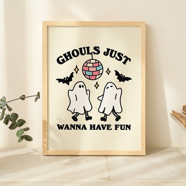 Retro Ghost Halloween Print, Spooky Indoor Decoration, Cute Art Prints, Disco Ball Print, Ghouls just wanna have fun Wall Art, Fall Decor