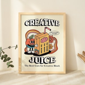 Retro Creativity Juice Print, Vintage Colorful Illustration, A3 A2 Prints, Large Trendy 70s Poster, Burnt Orange, Positive Quote, UNFRAMED