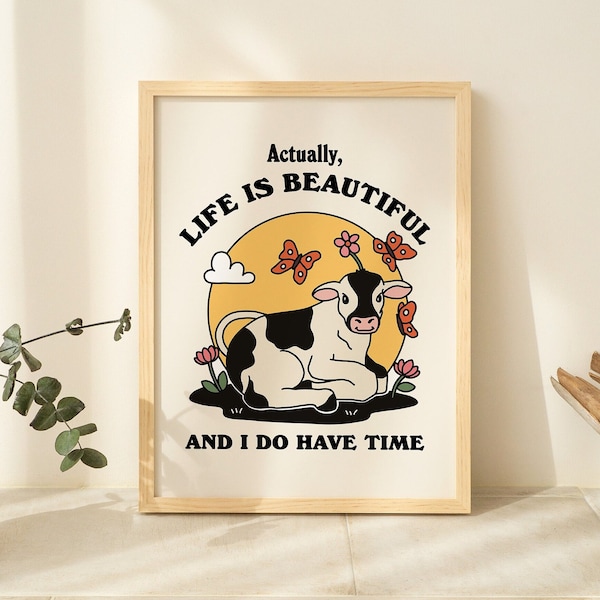 GERAHMT Retro Kuh Schmetterling Druck, Das Leben ist schön Vintage Stil Drucke, Retro Farm Animal Prints Poster, Niedliches Zitat, Holz- oder Metallrahmen