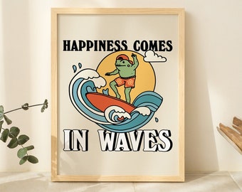 Retro Surfing Frog Print, Surf Poster, 70s Downloadable Print, Seaside Ocean Prints, Positive Quote, Cute Printable Wall Print, Cute Print