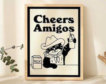 FRAMED Cheers amigos, Retro Drink Poster, Cowboy Cat Milk Posters, Cowboy Cat Print , Kitchen Decor, White, Black Natural Wooden Metal Frame