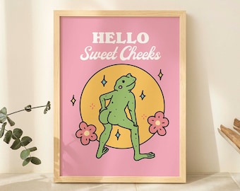 Girly Frog Self Care Wall Print, Positivity Hello Sweet Cheeks, Pink Retro Illustration, Trendy Y2K Poster Prints, Bathroom Decor UNFRAMED