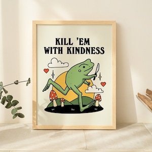 FRAMED Cute Frog Wall Print, Kindness Quote, Cute Kids Classroom Poster, Nursery Room Decor White, Black Natural Wooden Metal Frame