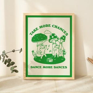 Retro Dancing Cats Wall Print, Vintage Cat Illustration, Trendy Posters, Cute Mushroom Prints, Positive Poster Green Orange Pink UNFRAMED