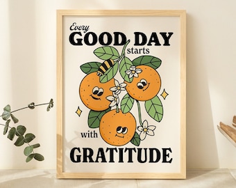 Retro Gratitude Print, Blessing Affirmation Illustration, Colorful Fruit Wall Decor, Flower Prints, Bible Poster, Positive Quotes, UNFRAMED