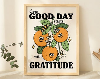 Retro Gratitude Print, Blessing Affirmation Illustration, Colorful Fruit Wall Decor, Flower Prints, Bible Poster, Positive Quotes, UNFRAMED