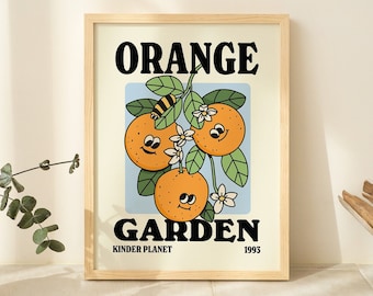 GERAHMT Orange Garden Poster, Blumendruck, Obst Charakter Poster, Blumen Kunst, Retro Typografie, Wanddekor mit Holzrahmen, Aluminiumrahmen