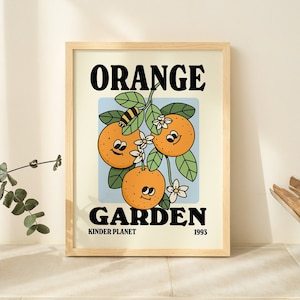 Affiche jardin orange rétro, joli marché aux fleurs, décoration de bureau tendance, affiche en téléchargement numérique, art éclectique, impression téléchargeable