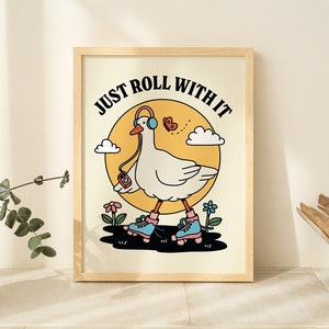 Arte de pared de ganso retro de los años 80, Decoración de pared maravillosa de los 70, Cita simplemente rueda con ella, Impresión de patines, Póster de cabaña, Cita positiva, SIN MARCO