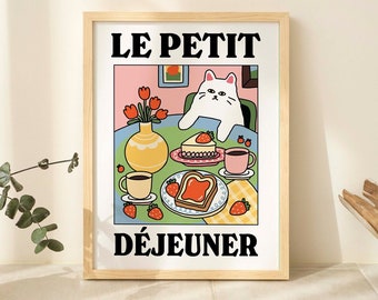 Impression de chat de café français, affiche de boisson rétro, affiches de gâteau au café de bistrot, petit déjeuner Le Petit déjeuner, décoration de cuisine, affiches uniques, sans cadre