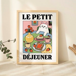 Stampa gatto francese del caffè, poster di bevande retrò, poster di torta di caffè bistrot, colazione Le Petit Dejeuner, arredamento della cucina, poster unici, SENZA CORNICE