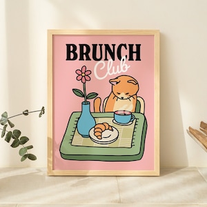 Retro Cat Kitchen Print, Brunch Club Cafe Poster, Pink Cats Illustration, Cute Dining Room Prints, Pastel Cat Posters, Dorm Decor, UNFRAMED