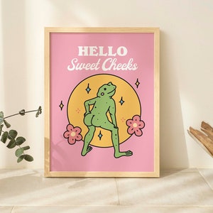 FRAMED Pink Hello Sweetcheeks Frog Print, Retro Y2K Illustration, Girly Bathroom Framed Posters, Framed Wall Decor, Wooden, Aluminium Frame